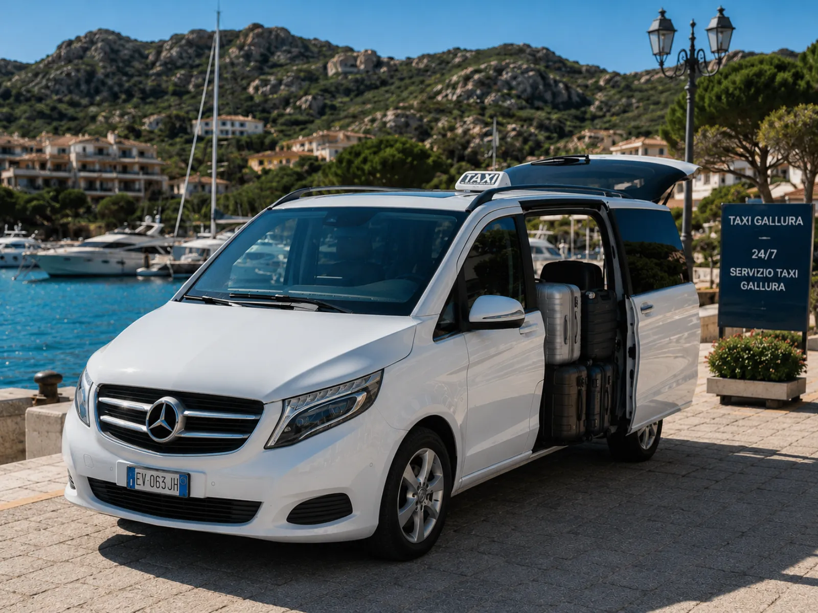 Bagagli caricati sul taxi V-Class al porto della Gallura